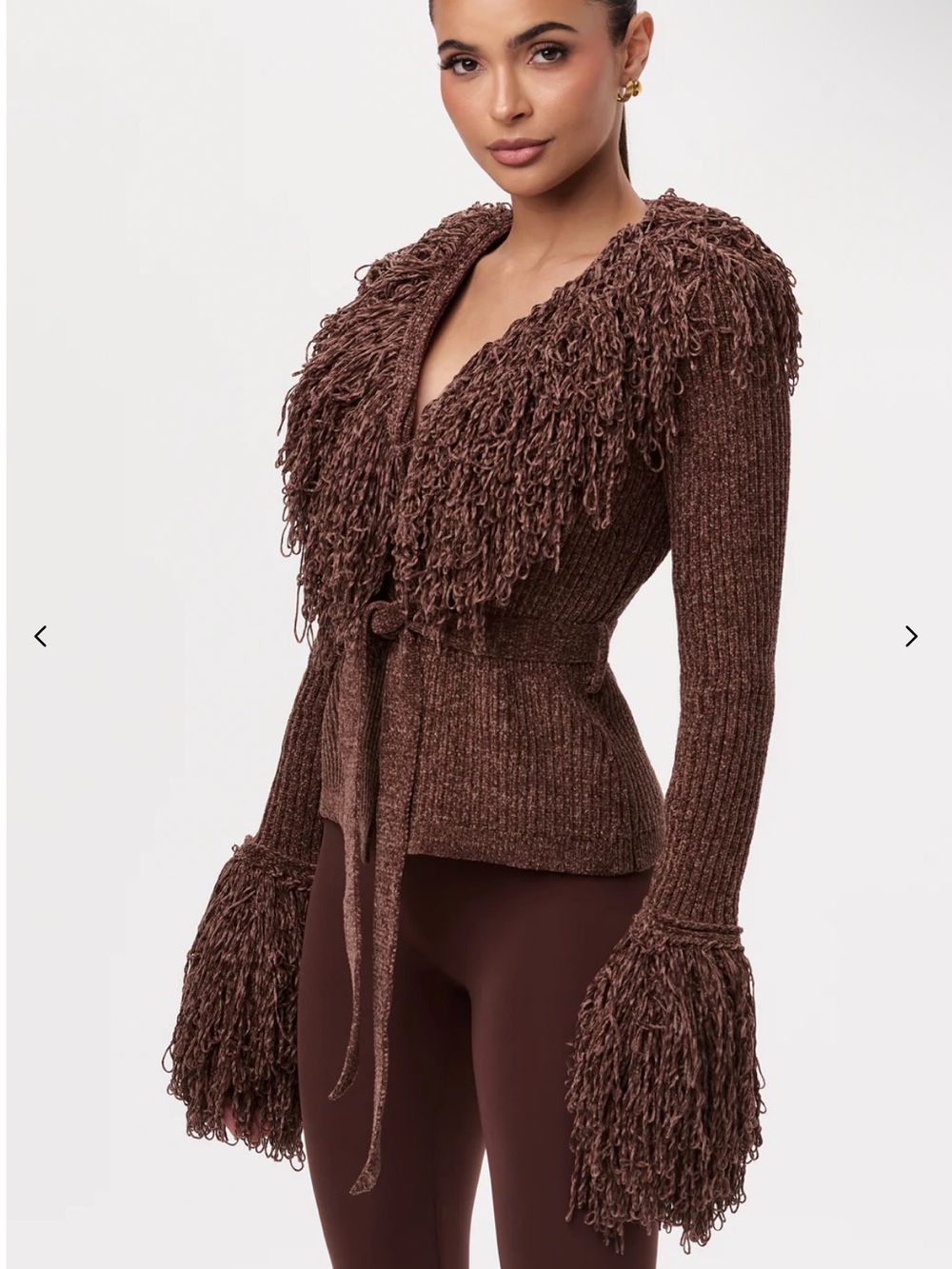 Naked Wardrobe Knit Fringe V-Neck Cardigan Brown Chenille Wrap Size Large - Picture 6 of 13